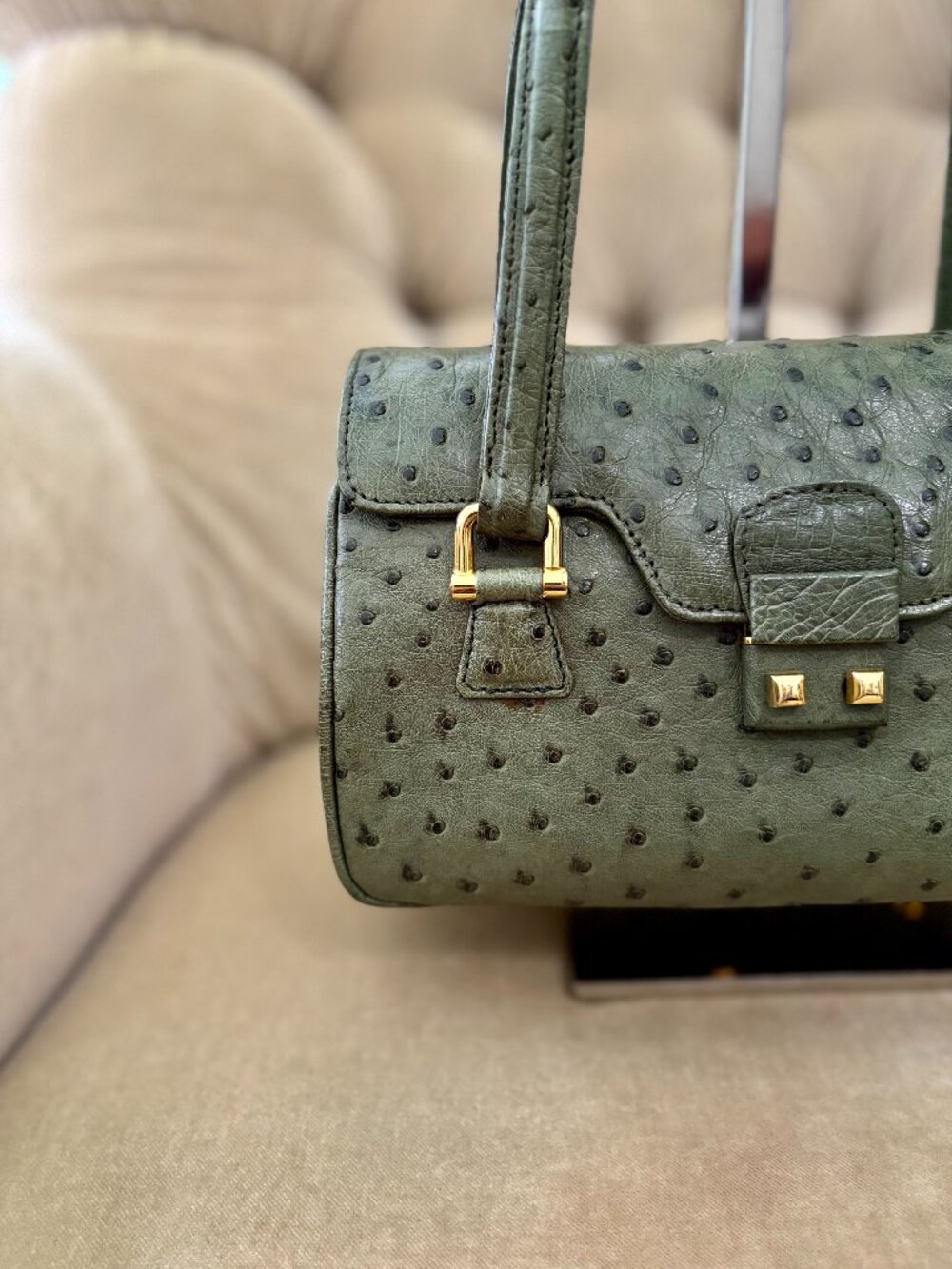 Auth SANTA MARIA Italy Genuine Ostrich Khaki Green Satchel Tote Bag...GORGEOUS! - Picture 2 of 8